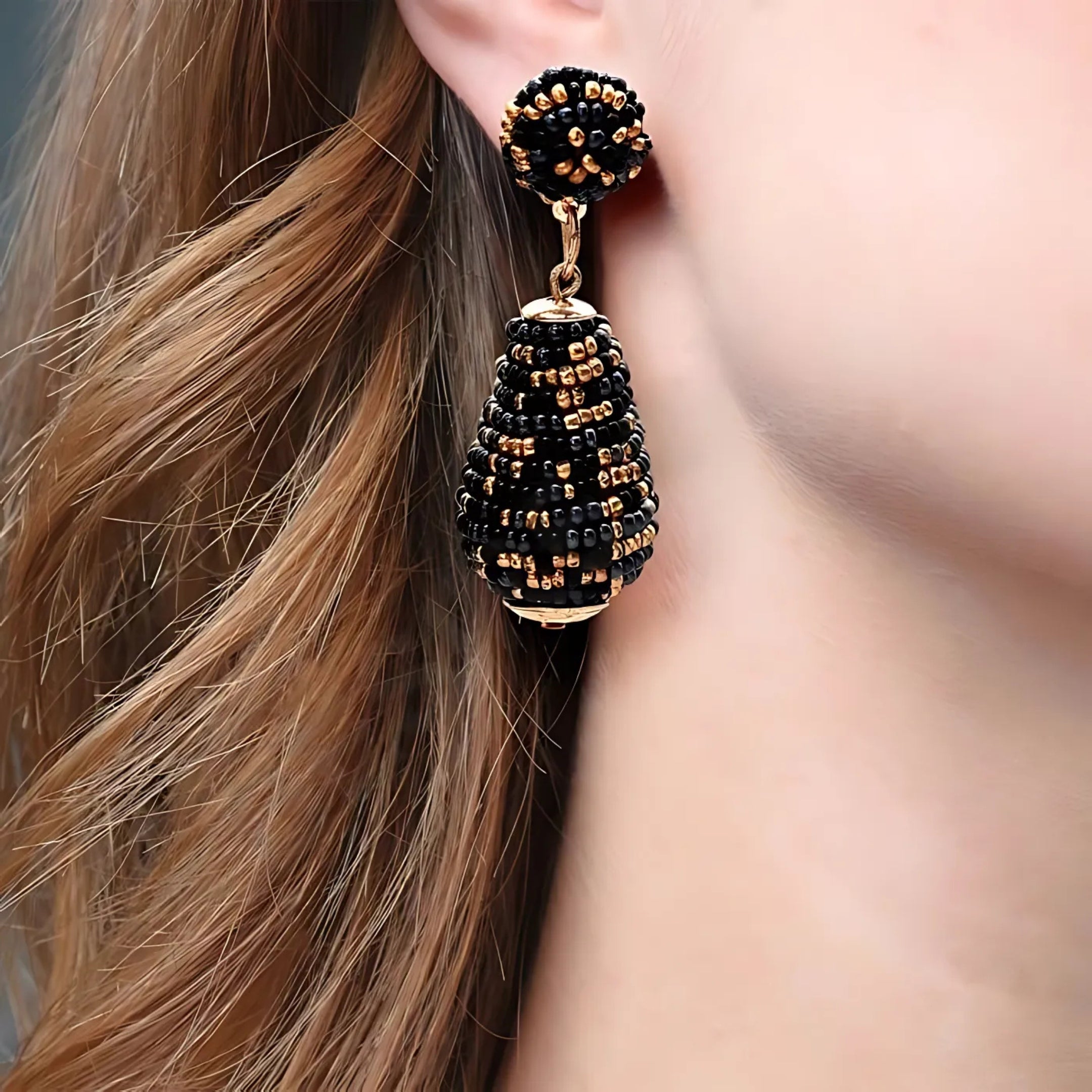 Handmade Black & Gold Beaded Teardrop Earrings