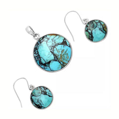 Tibetan Turquoise 925 Silver Pendant Earrings Set