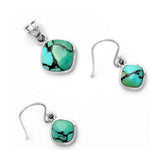 Lucky Charm Tibetan Turquoise 925 Silver Pendant Earrings Set