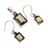 Brown Octagon Silver Pendant Earrings Set