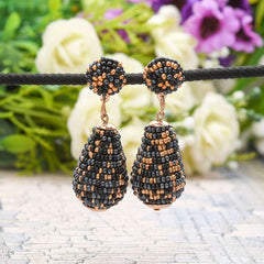 Handmade Black & Gold Beaded Teardrop Earrings