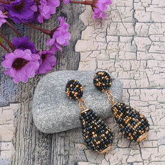 Handmade Black & Gold Beaded Teardrop Earrings