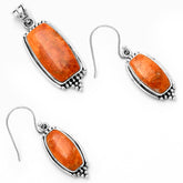 Natural Red Sponge Coral Rectangle Pendant Earrings Set