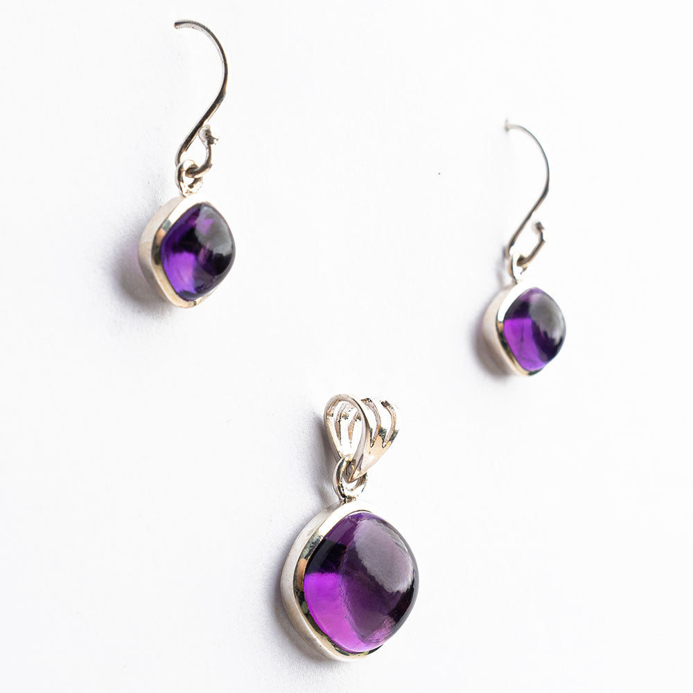 Amethyst Cab - 925 Sterling Silver Pendant Earrings Jewelry Set BGT01023