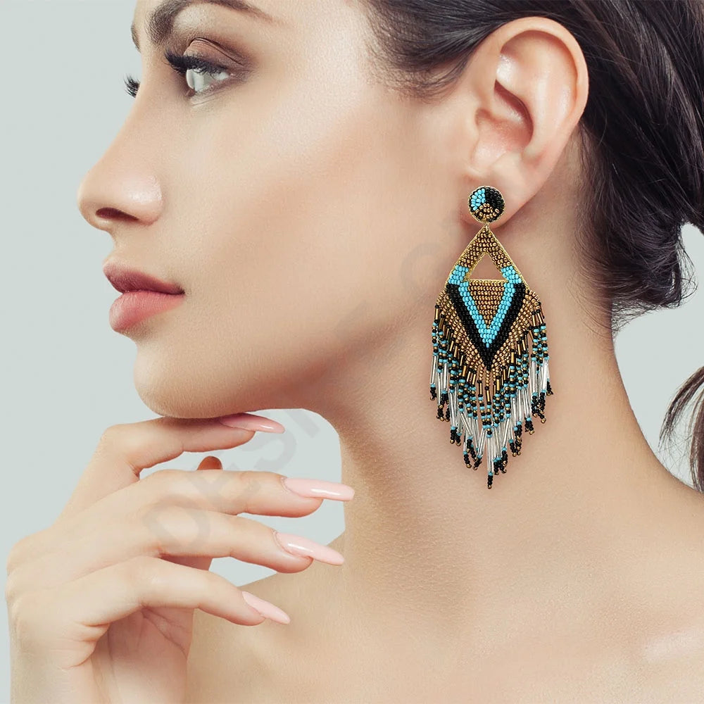 Handmade Bohemian Triangle Tassel Dangle Earrings