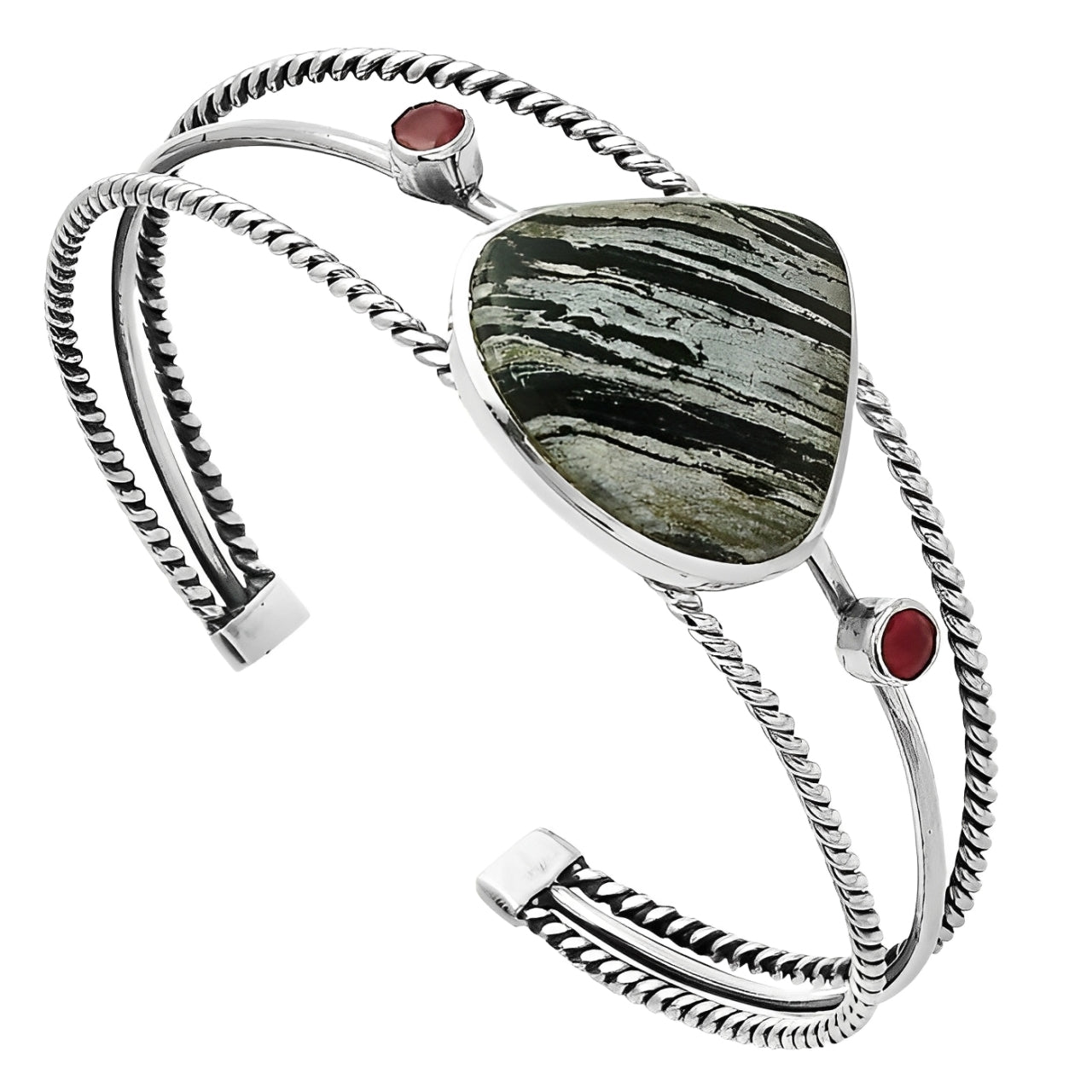 Luxury Silver Leaf Obsidian Cuff Bracelet