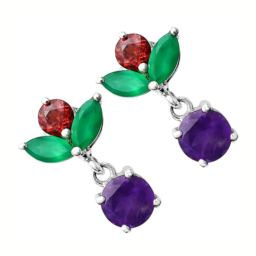 African Amethyst, Green Onyx & Garnet 925 Silver Earrings