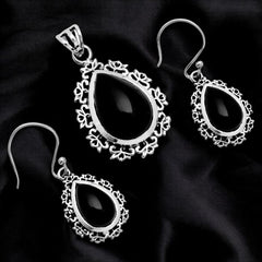 Black Opulence Silver Pendant  Earrings Set