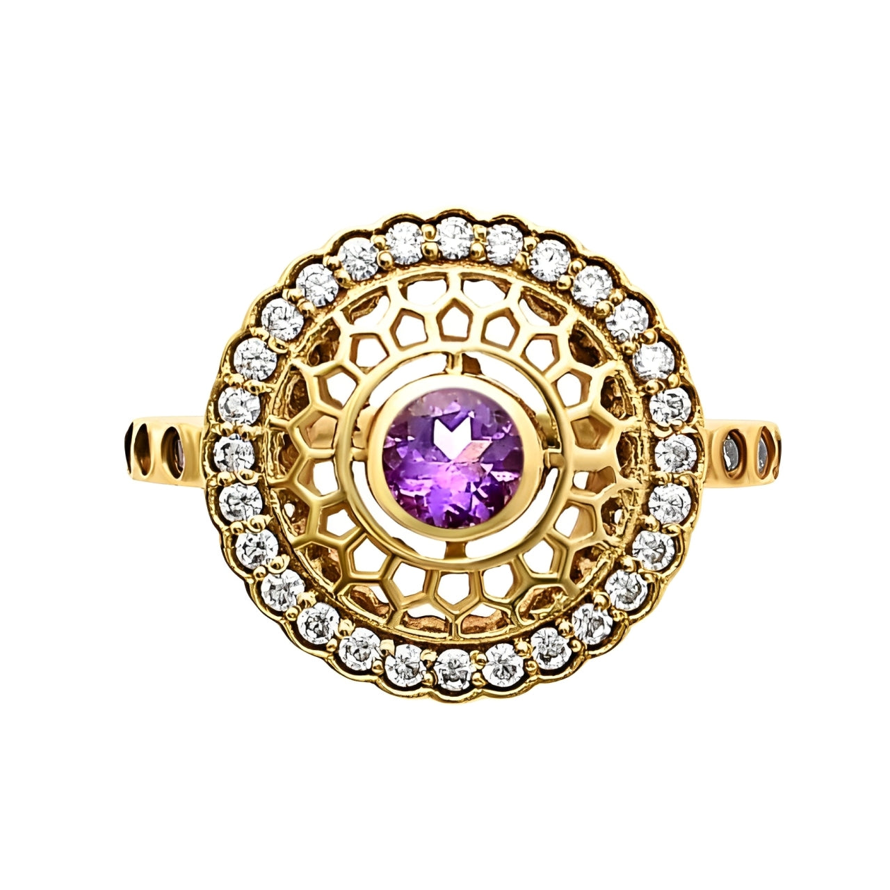 Golden Glow Amethyst Round Ring