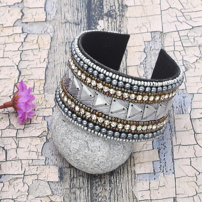 Silver Bohemian Seed Bead Cuff Bracelet