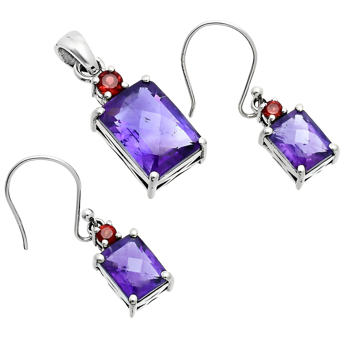 Amethyst Octagon Silver Pendant Earrings Set