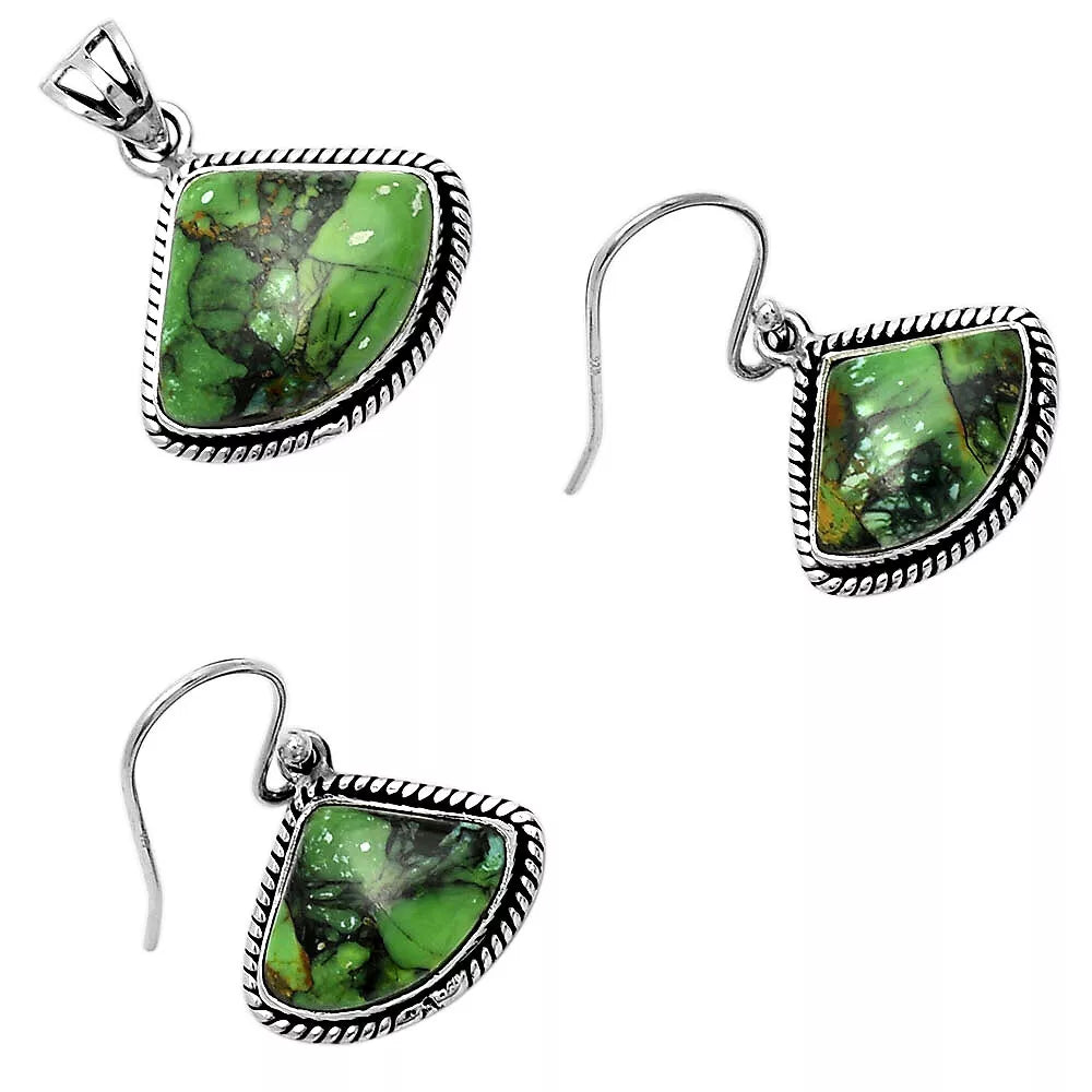 Green Matrix 925 Sterling Silver Pendant Earrings Set