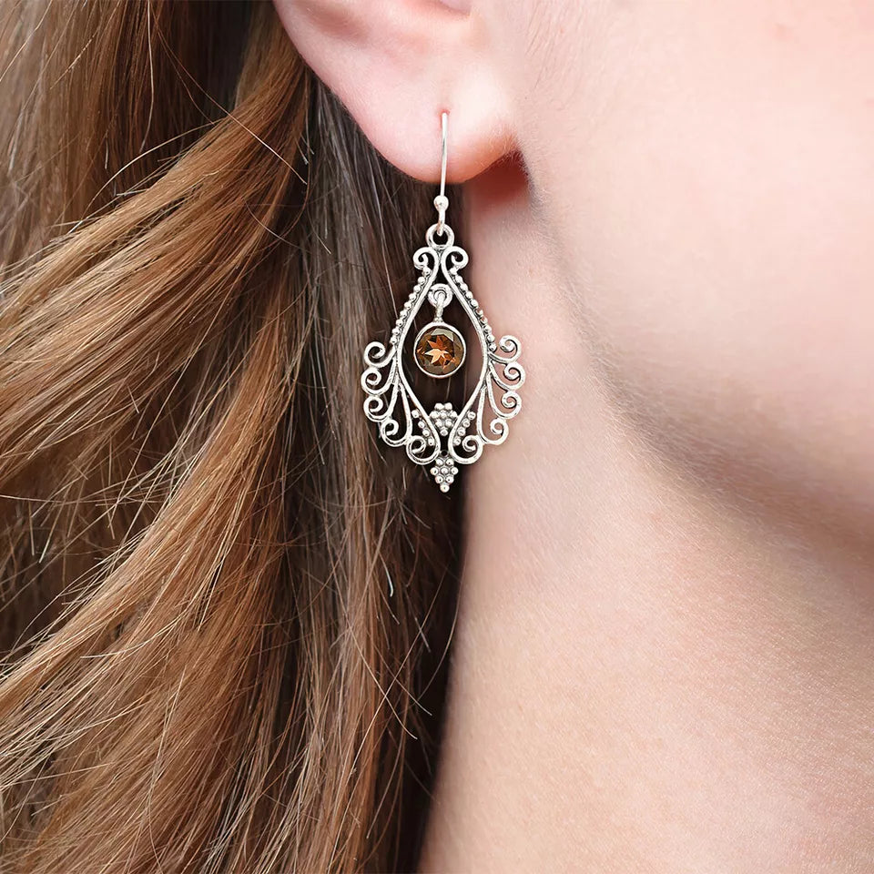 Round Gem Drop Filigree Silver Earrings