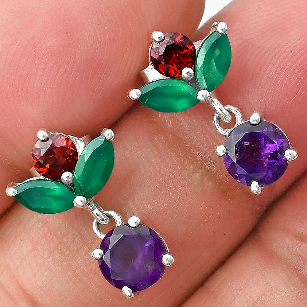 African Amethyst, Green Onyx & Garnet 925 Silver Earrings