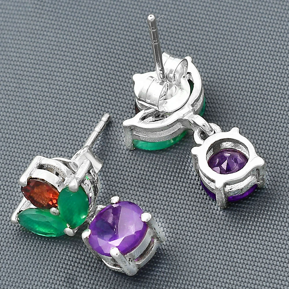 African Amethyst, Green Onyx & Garnet 925 Silver Earrings