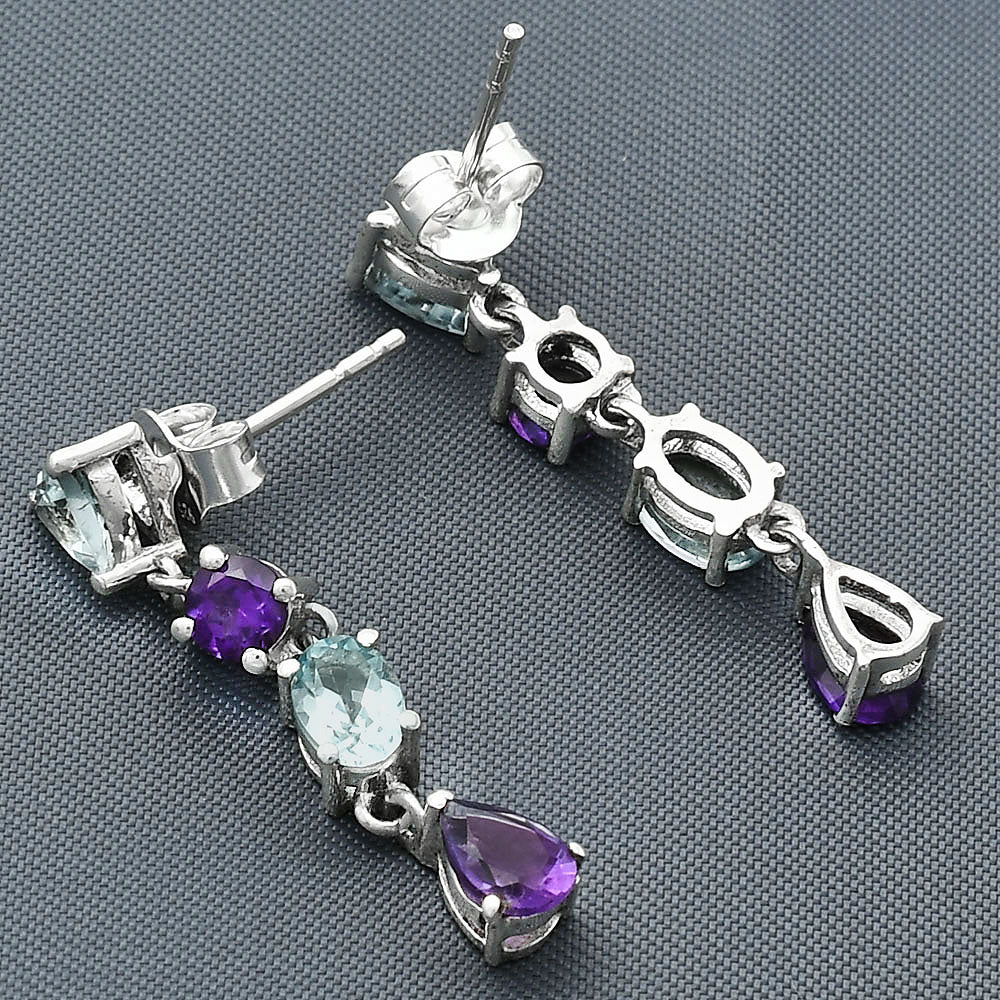 Amethyst Brazil & Sky Blue Topaz 925 Sterling Silver Earrings