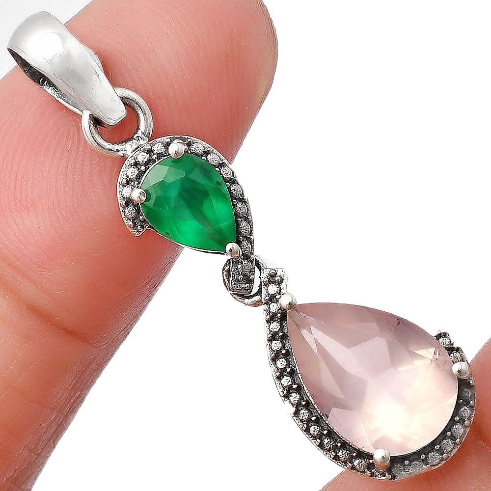 Rose Quartz - Madagascar & Green Onyx 925 Sterling Silver Pendant Jewelry DGP1007_C