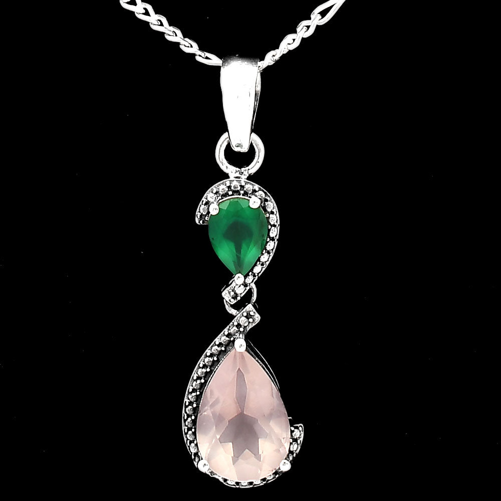 Rose Quartz - Madagascar & Green Onyx 925 Sterling Silver Pendant Jewelry DGP1007_C