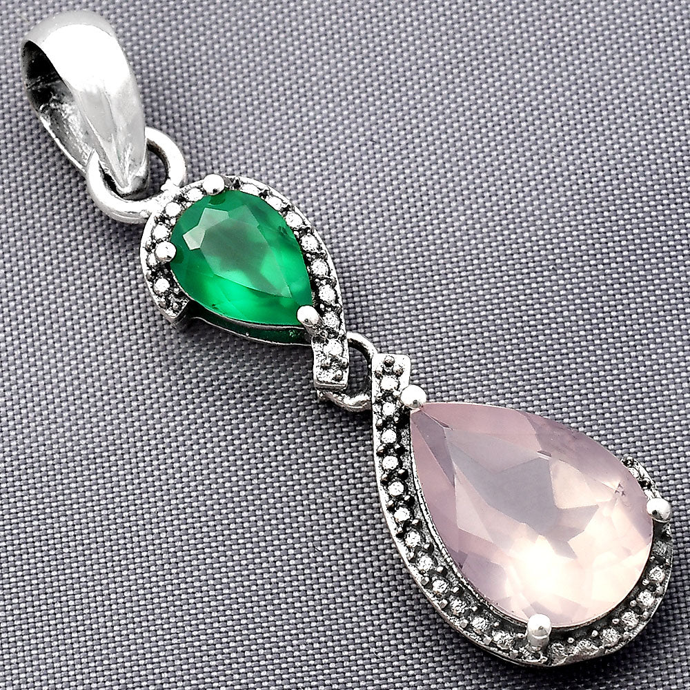 Rose Quartz - Madagascar & Green Onyx 925 Sterling Silver Pendant Jewelry DGP1007_C