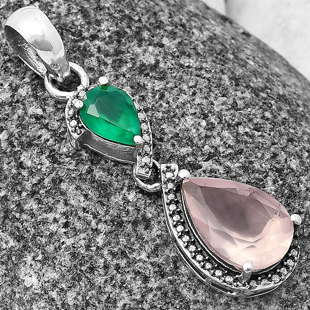 Rose Quartz - Madagascar & Green Onyx 925 Sterling Silver Pendant Jewelry DGP1007_C