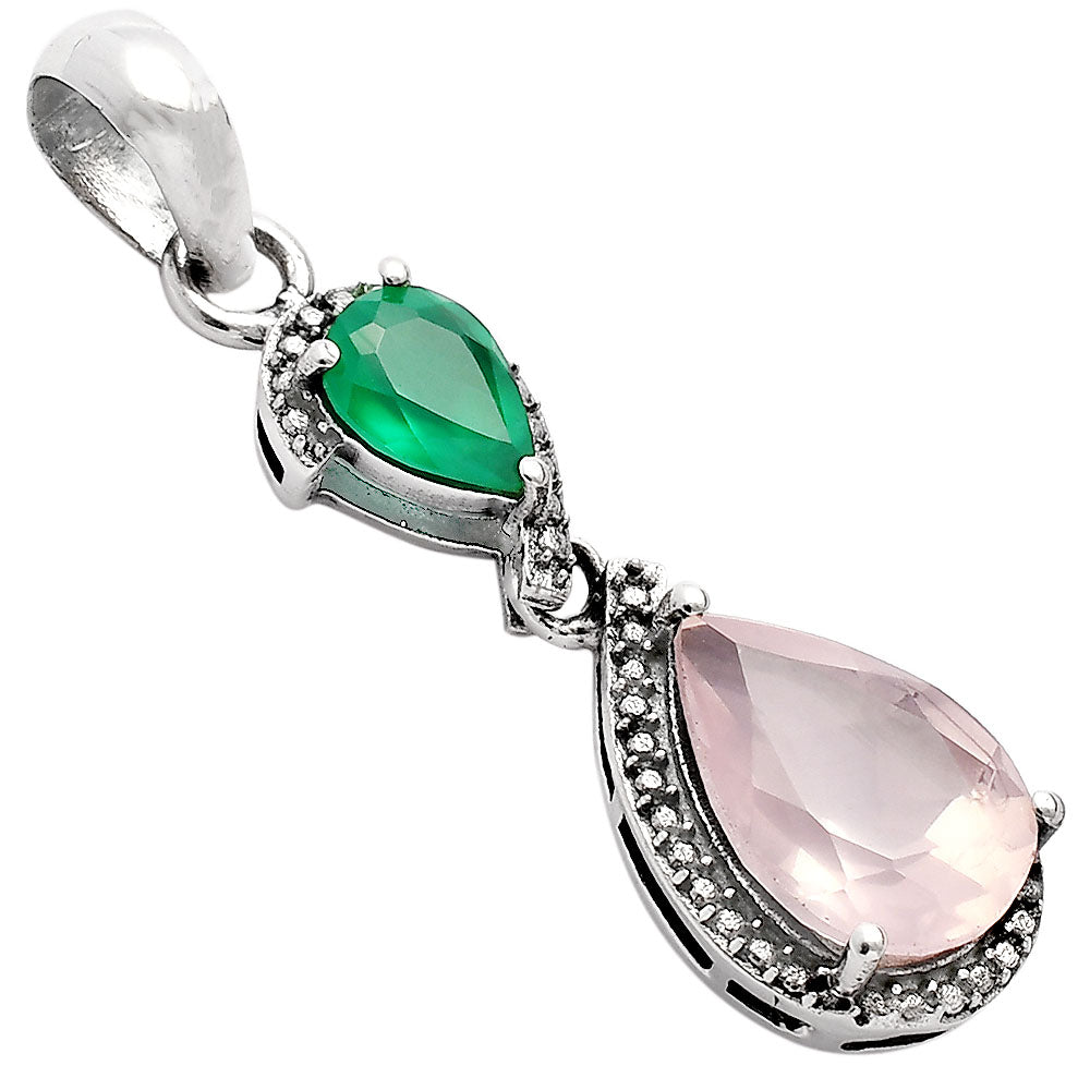 Rose Quartz - Madagascar & Green Onyx 925 Sterling Silver Pendant Jewelry DGP1007_C