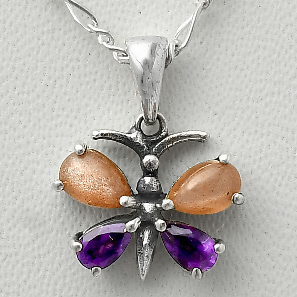 Butterfly - Sunstone & Amethyst 925 Sterling Silver Pendant Jewelry