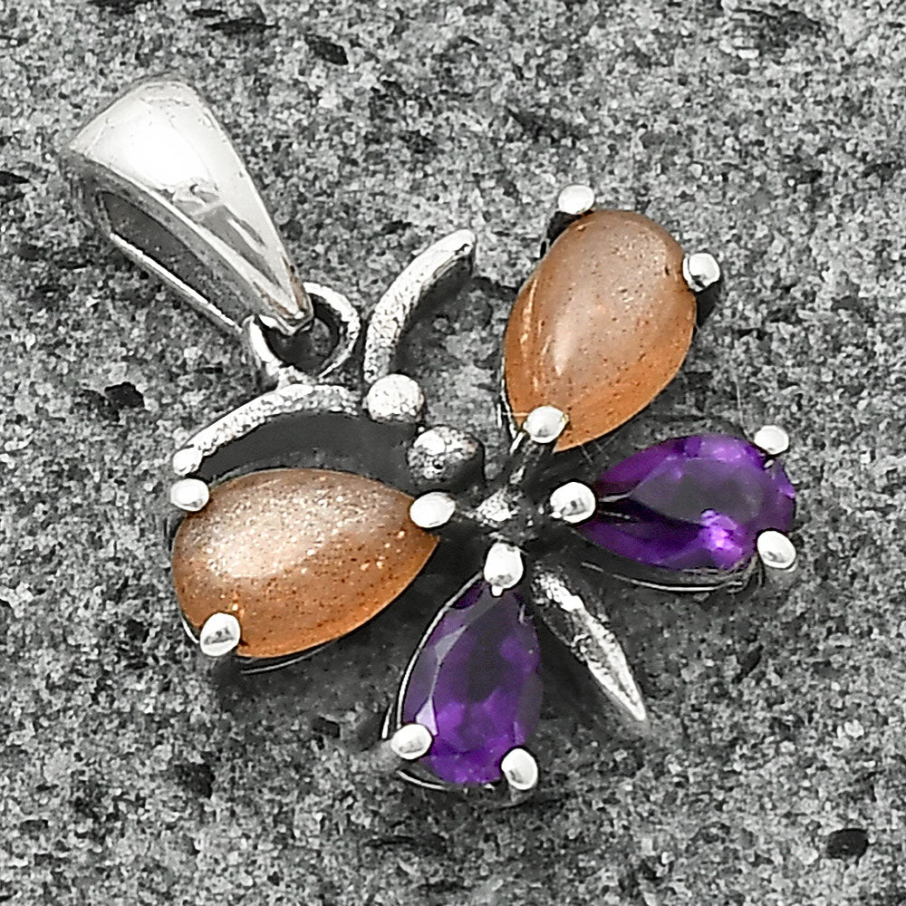 Butterfly - Sunstone & Amethyst 925 Sterling Silver Pendant Jewelry