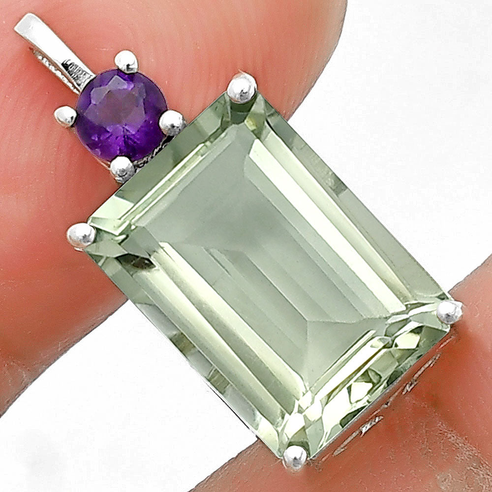 Natural Prasiolite (Green Amethyst) & Amethyst 925 Silver Pendant Jewelry DGP1010_B