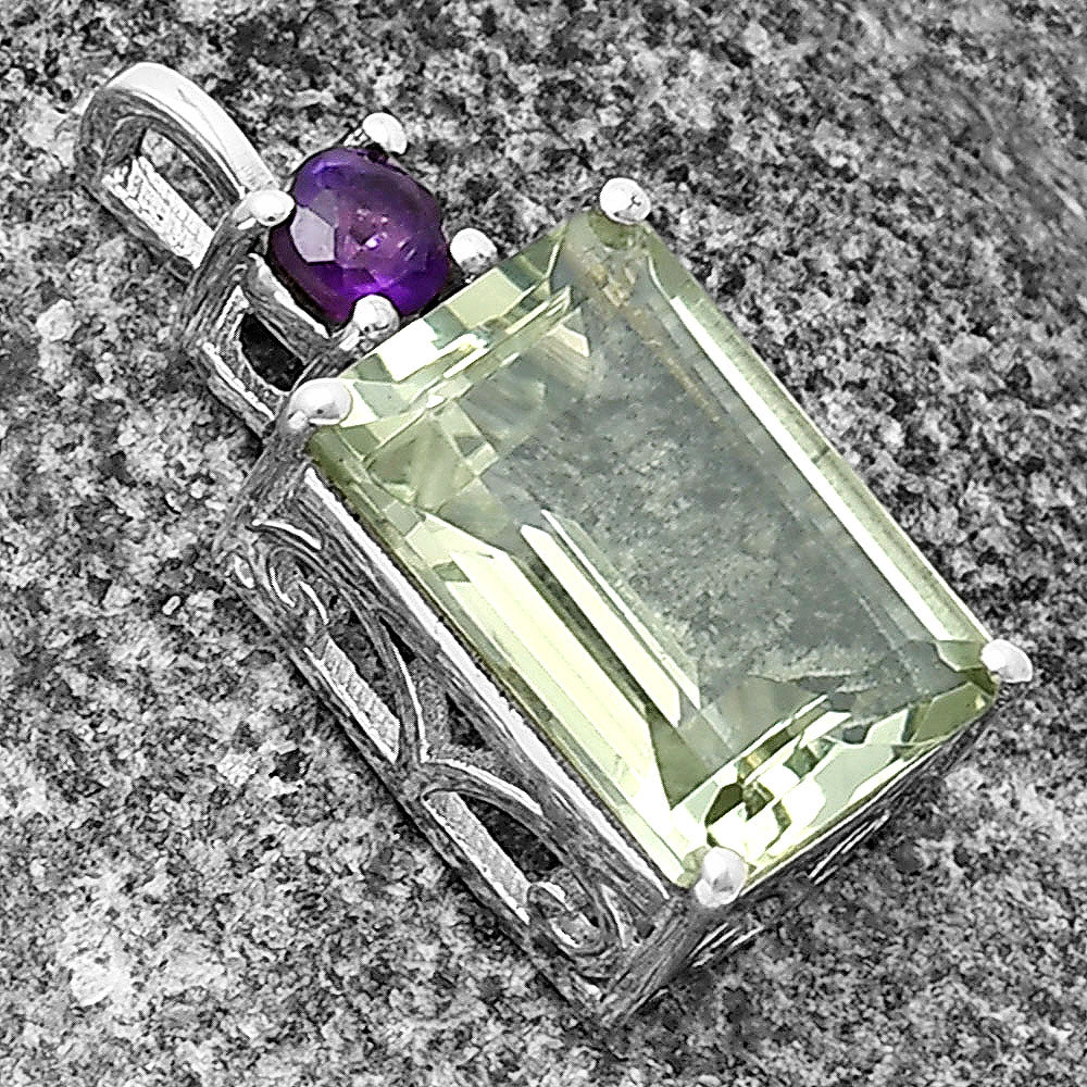 Natural Prasiolite (Green Amethyst) & Amethyst 925 Silver Pendant Jewelry DGP1010_B