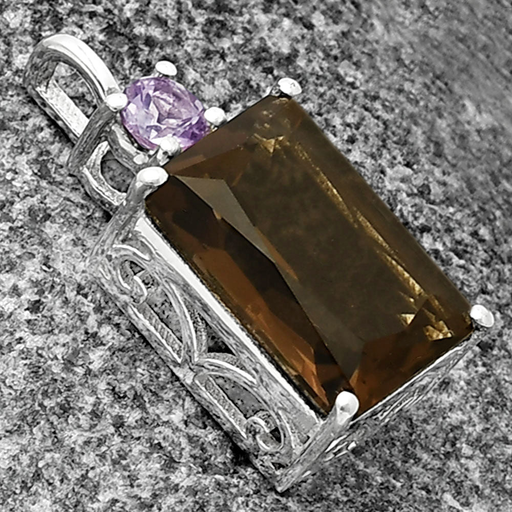 Smoky Quartz - Brazil & Amethyst 925 Sterling Silver Pendant Jewelry DGP1010_H