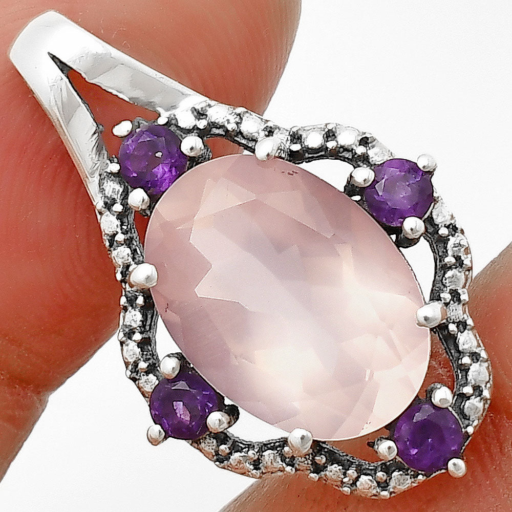 Rose Quartz - Madagascar & Amethyst 925 Sterling Silver Pendant Jewelry DGP1012_D