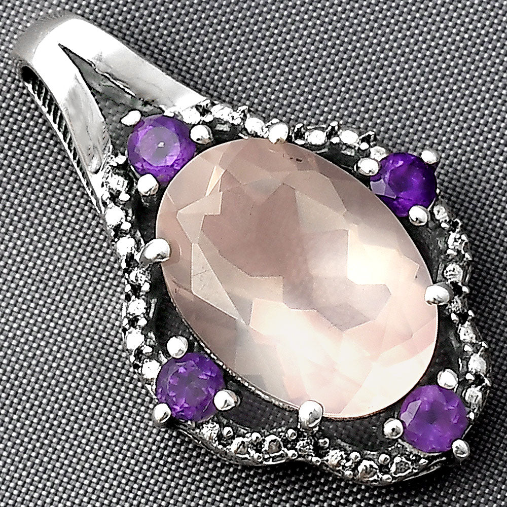 Rose Quartz - Madagascar & Amethyst 925 Sterling Silver Pendant Jewelry DGP1012_D