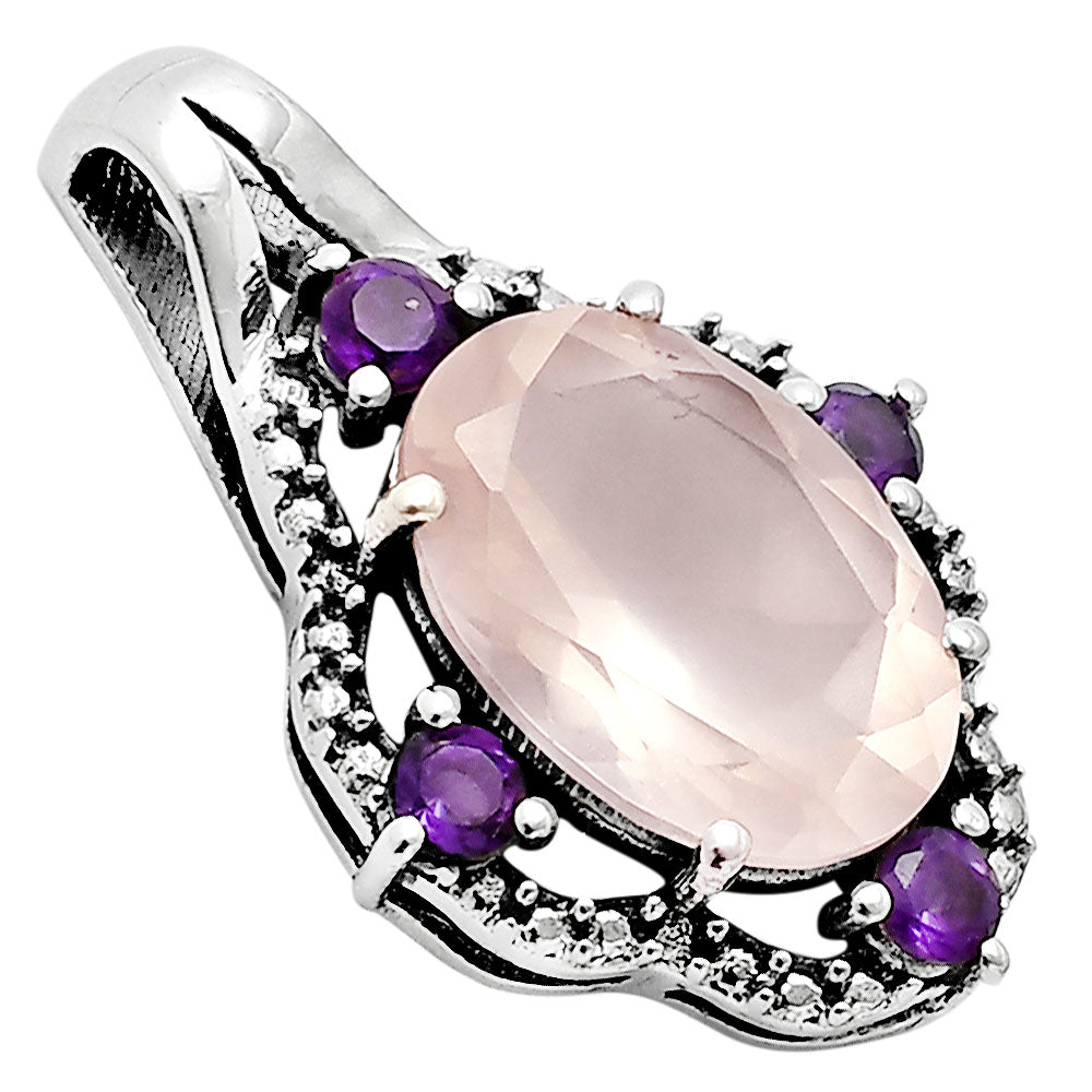 Rose Quartz - Madagascar & Amethyst 925 Sterling Silver Pendant Jewelry DGP1012_D