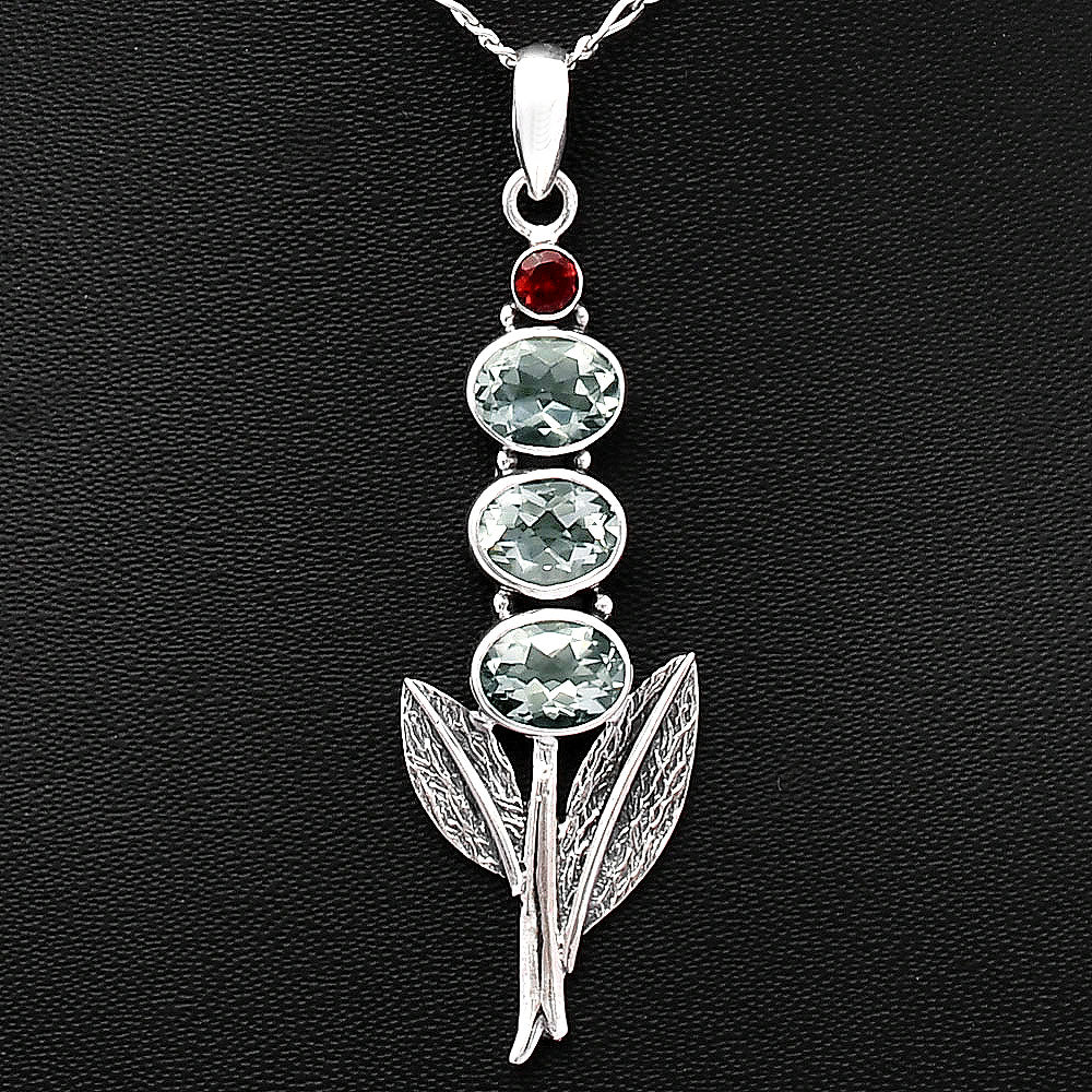 Prasiolite (Green Amethyst) & Garnet 925 Sterling Silver Pendant Jewelry DGP1014_D