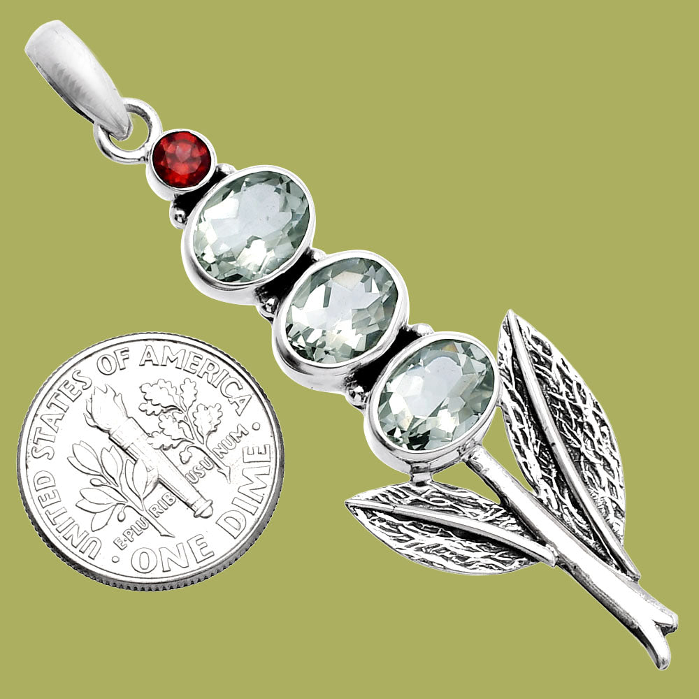 Prasiolite (Green Amethyst) & Garnet 925 Sterling Silver Pendant Jewelry DGP1014_D