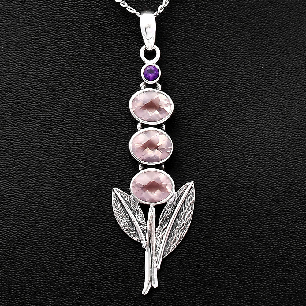 Rose Quartz Checker & Amethyst 925 Sterling Silver Pendant Jewelry DGP1014_G