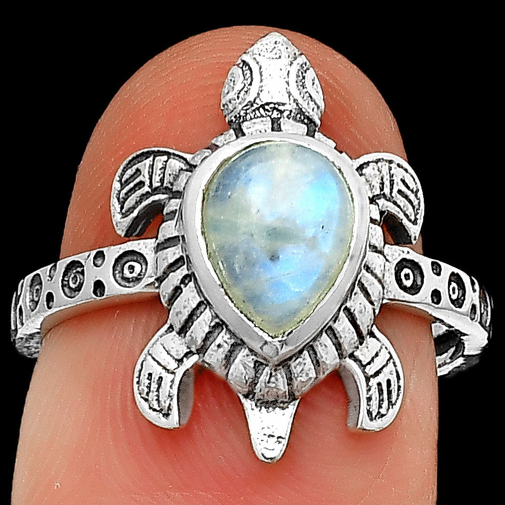 Tortoise - Rainbow Moonstone - India 925 Silver Ring Jewelry DGR1116_D