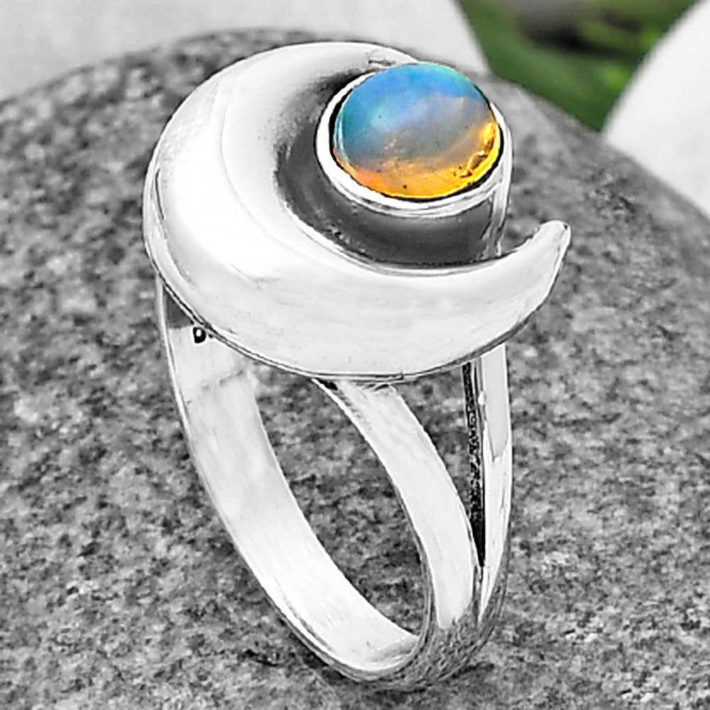 Crescent Moon Ethiopian Opal 925 Sterling Silver Ring Jewelry