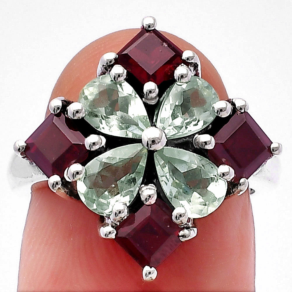 Prasiolite (Green Amethyst) & Garnet 925 Sterling Silver Ring Jewelry DGR1137_A