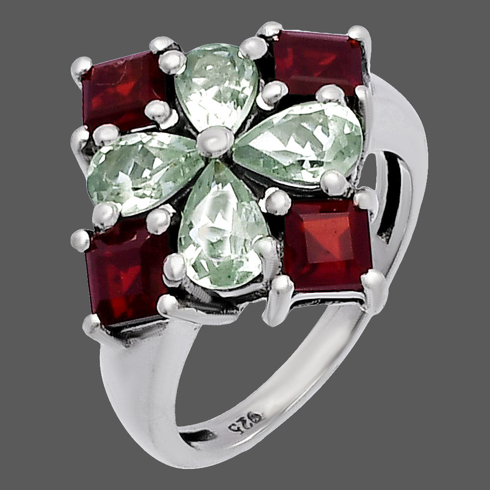 Prasiolite (Green Amethyst) & Garnet 925 Sterling Silver Ring Jewelry DGR1137_A