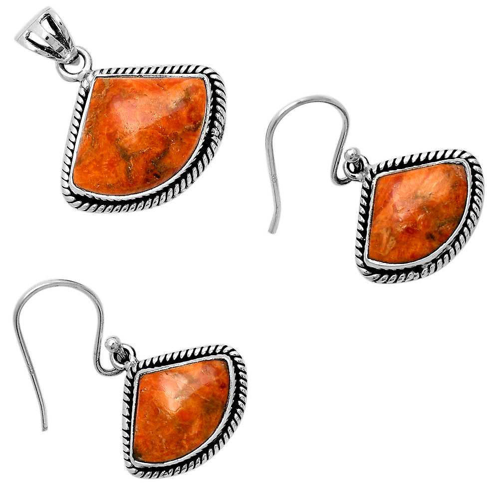 Natural Red Sponge Coral 925 Sterling Silver Pendant Earrings Jewelry Set DGT01001