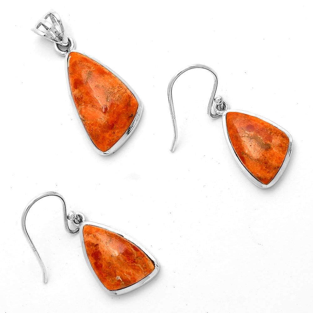 Natural Red Sponge Coral 925 Sterling Silver Pendant Earrings Jewelry Set DGT01030