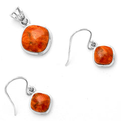 Natural Red Sponge Coral 925 Sterling Silver Pendant Earrings Jewelry Set DGT01031