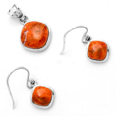 Natural Red Sponge Coral 925 Sterling Silver Pendant Earrings Jewelry Set DGT01031