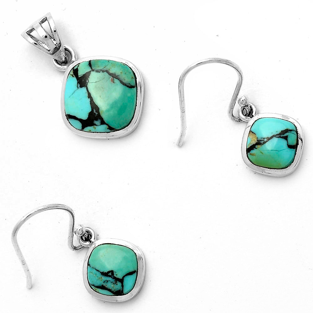 Lucky Charm Tibetan Turquoise 925 Silver Pendant Earrings Jewelry Set DGT01032