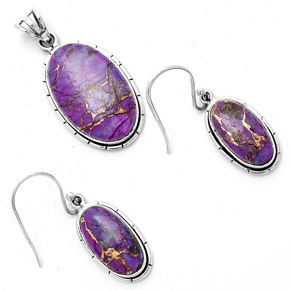 Copper Purple Turquoise 925 Silver Pendant Earrings Jewelry Set