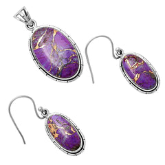 Copper Purple Turquoise 925 Silver Pendant Earrings Jewelry Set