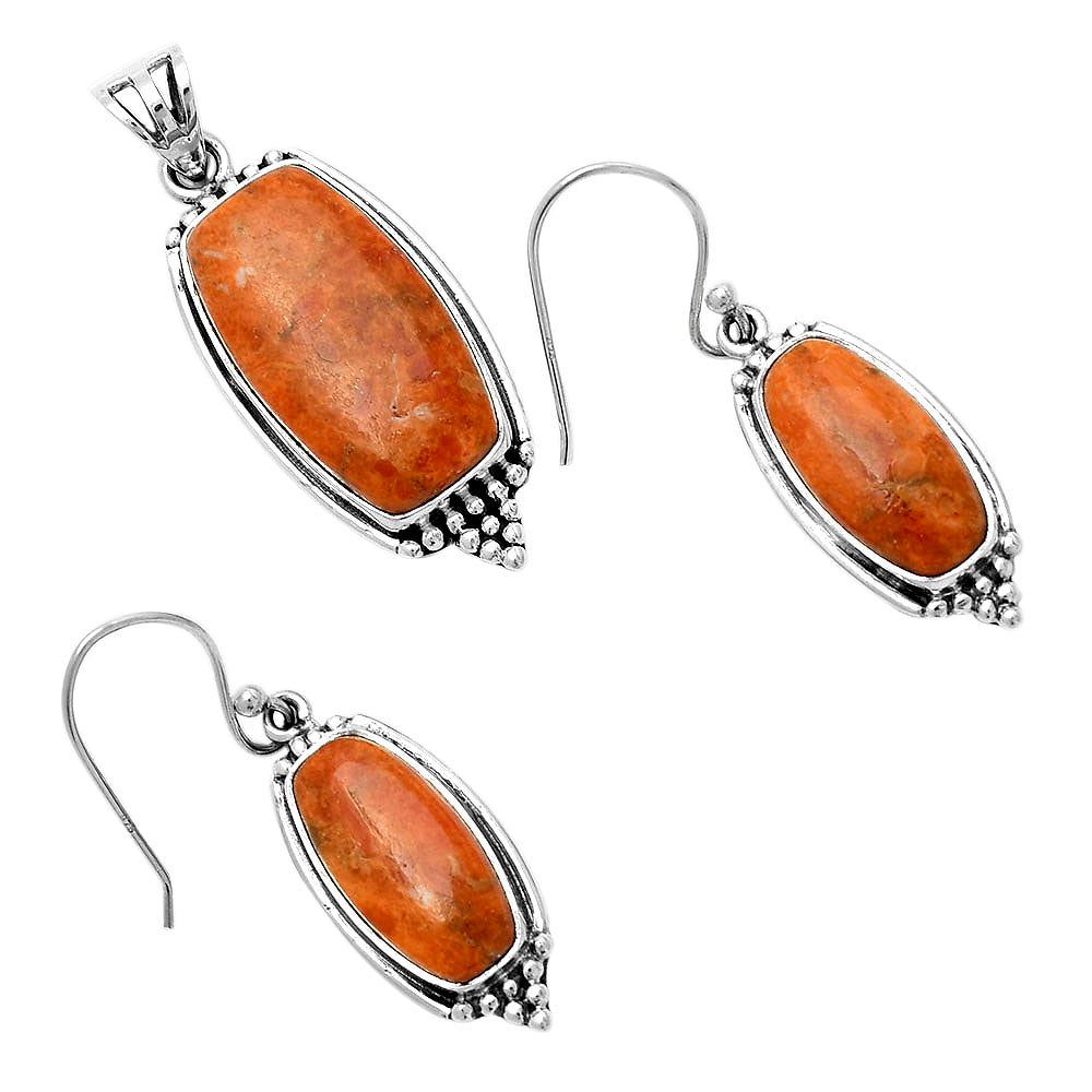 Natural Red Sponge Coral 925 Sterling Silver Pendant Earrings Jewelry Set DGT01041