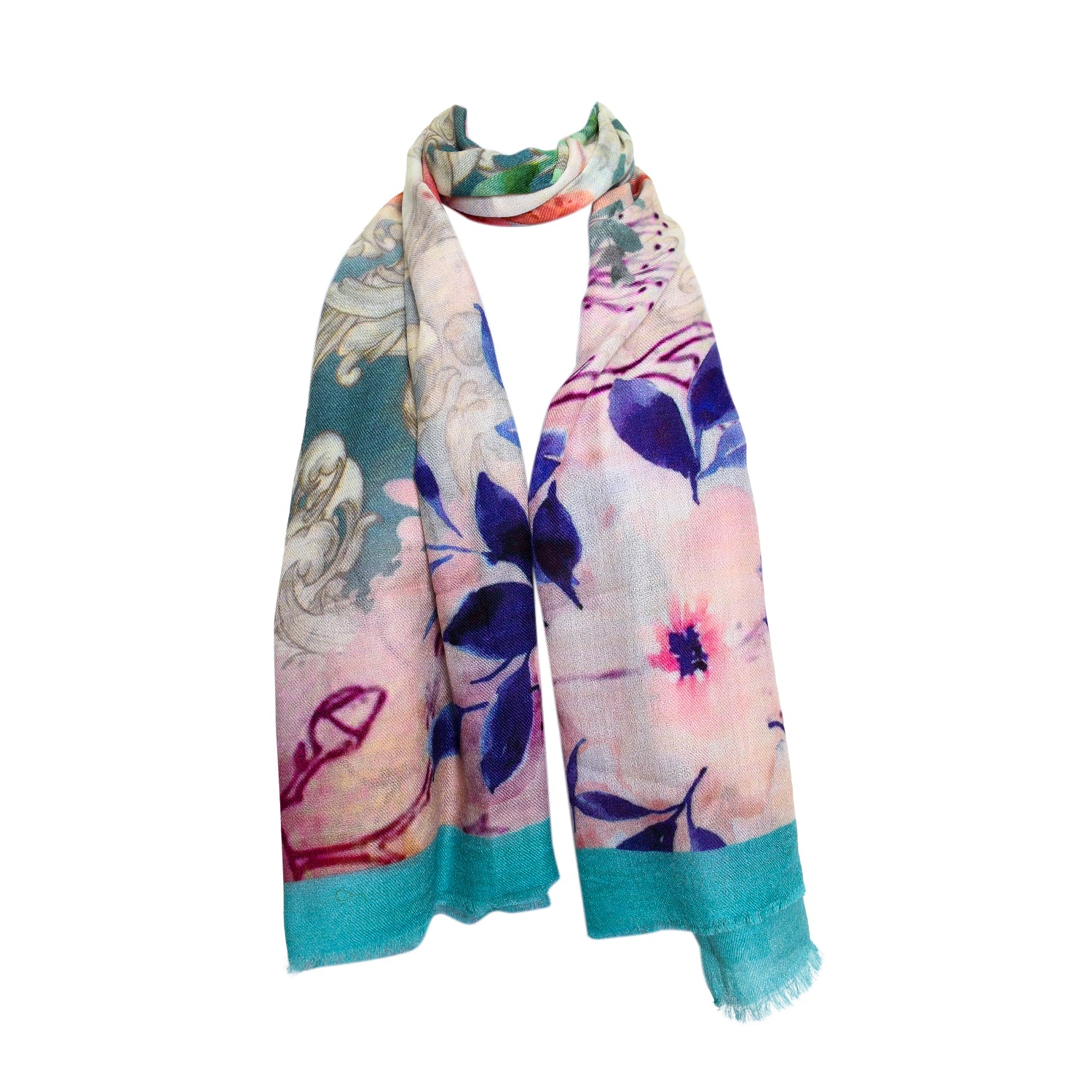 Premium Quality Floral Printed Scarf Silk and Wool Mix Lightweight MSW110